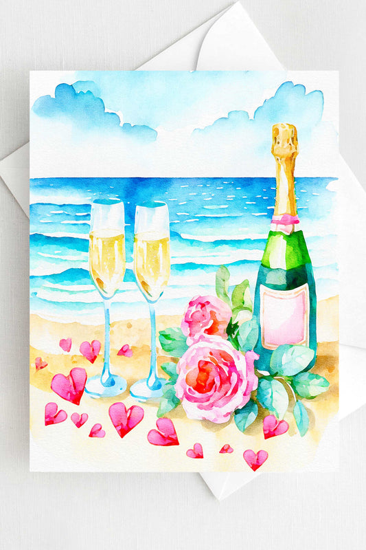 Beach Vacation Valentine's Day Card Champagne Roses VD003 - Wholesale