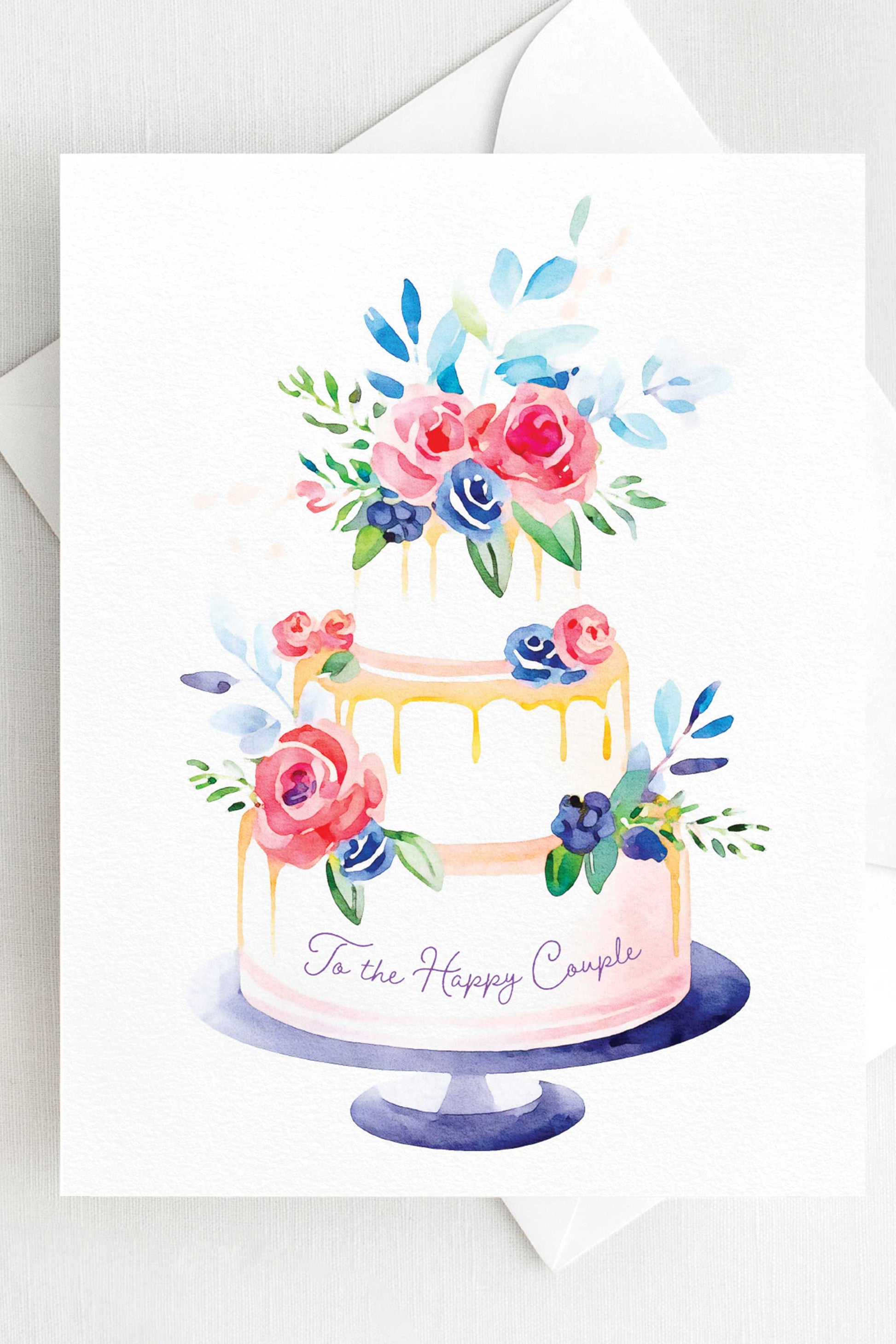 Watercolor wedding cake greeting card – Elegant floral wedding card