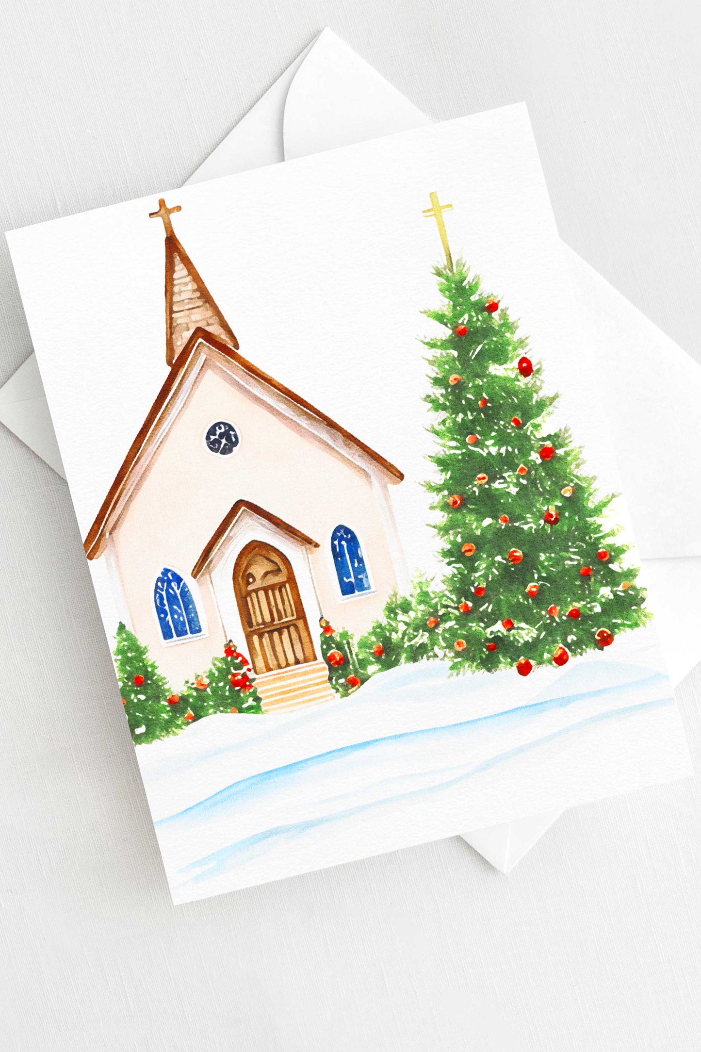 Church Tree Christmas Card Watercolor Holiday H023 - Wholesale