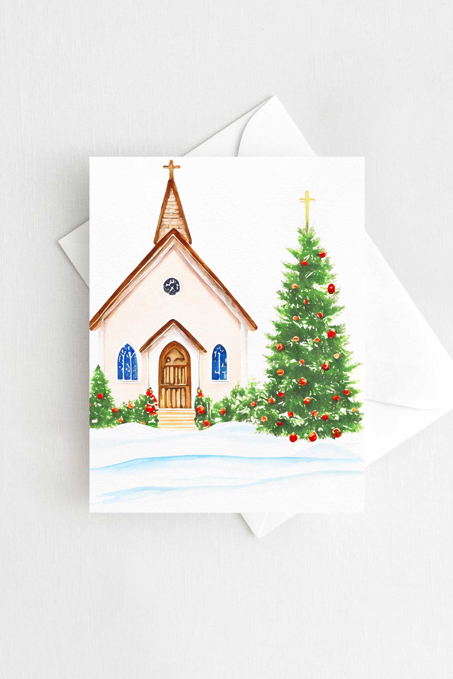 Church Tree Christmas Card Watercolor Holiday H023 - Wholesale