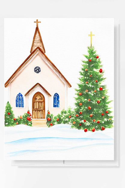 Church Tree Christmas Card Watercolor Holiday H023 - Wholesale