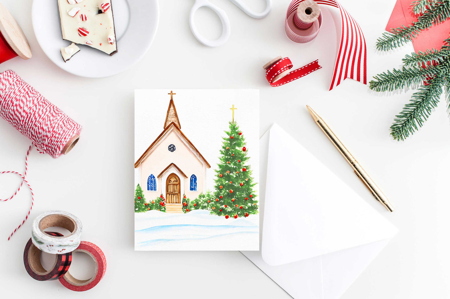 Church Tree Christmas Card Watercolor Holiday H023 - Wholesale