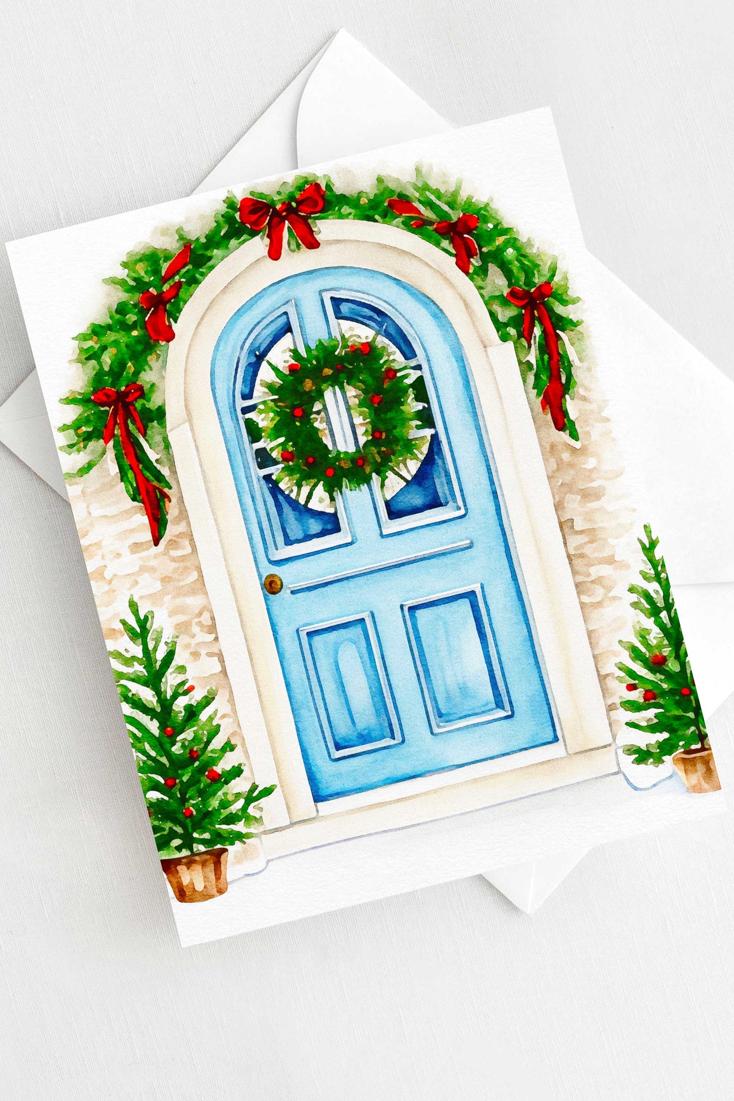 Festive Blue Door Christmas Card Watercolor Holiday H013 - Wholesale