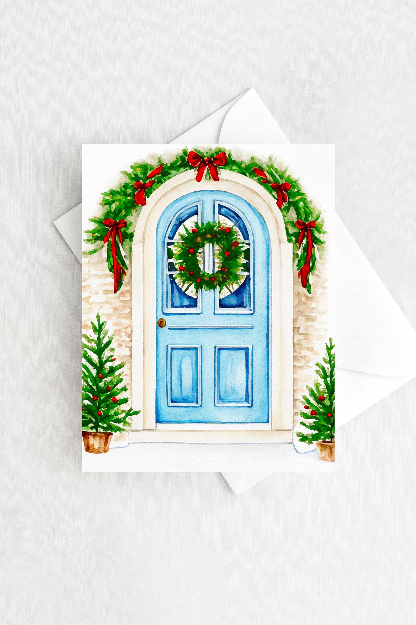 Festive Blue Door Christmas Card Watercolor Holiday H013 - Wholesale