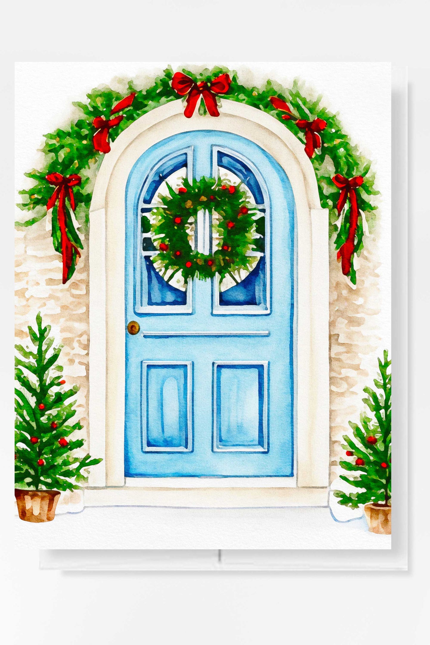 Festive Blue Door Christmas Card Watercolor Holiday H013 - Wholesale