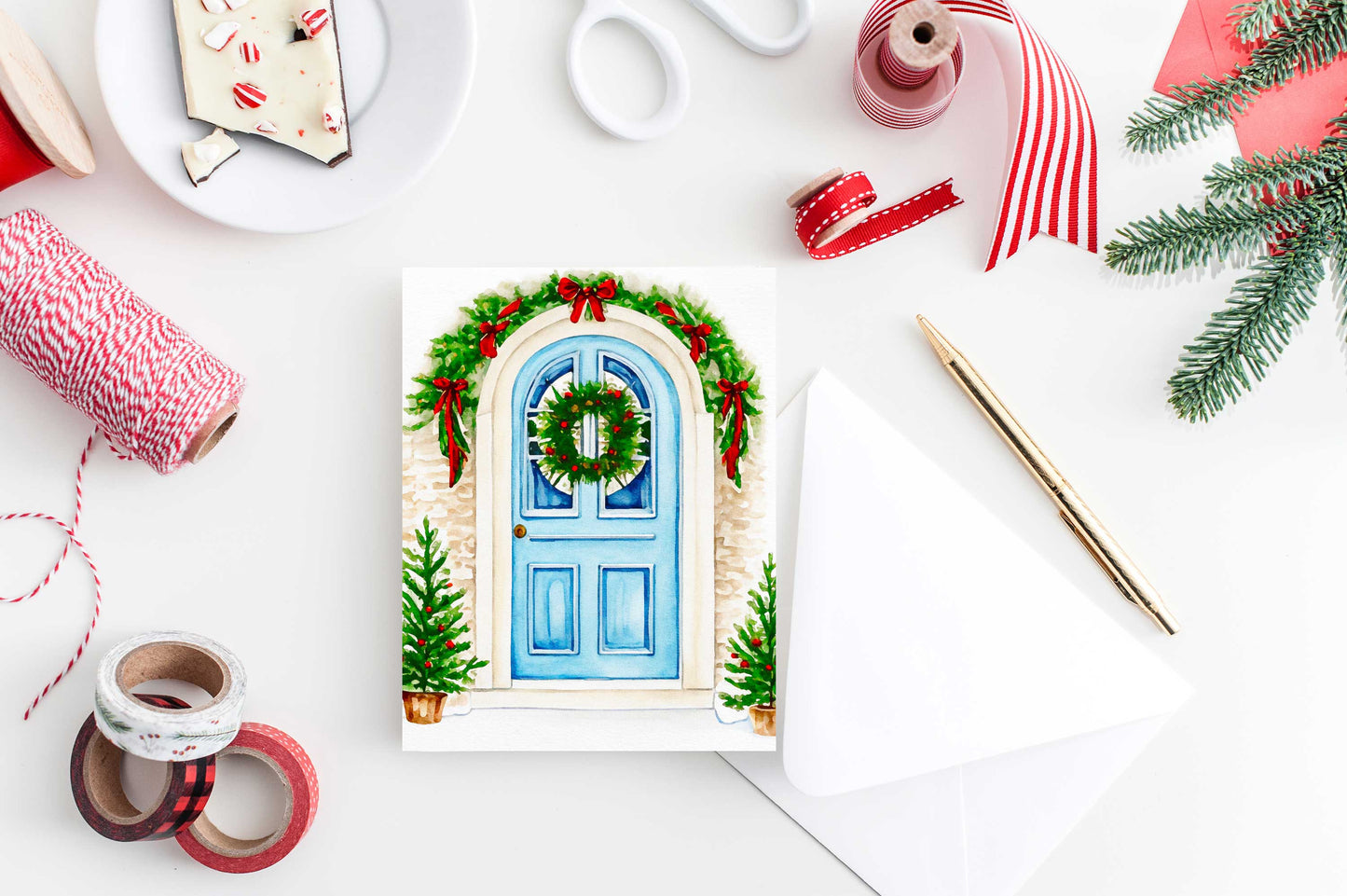 Festive Blue Door Christmas Card Watercolor Holiday H013 - Wholesale