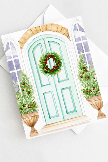 Festive Mint Door Christmas Card Watercolor Holiday H016 - Wholesale