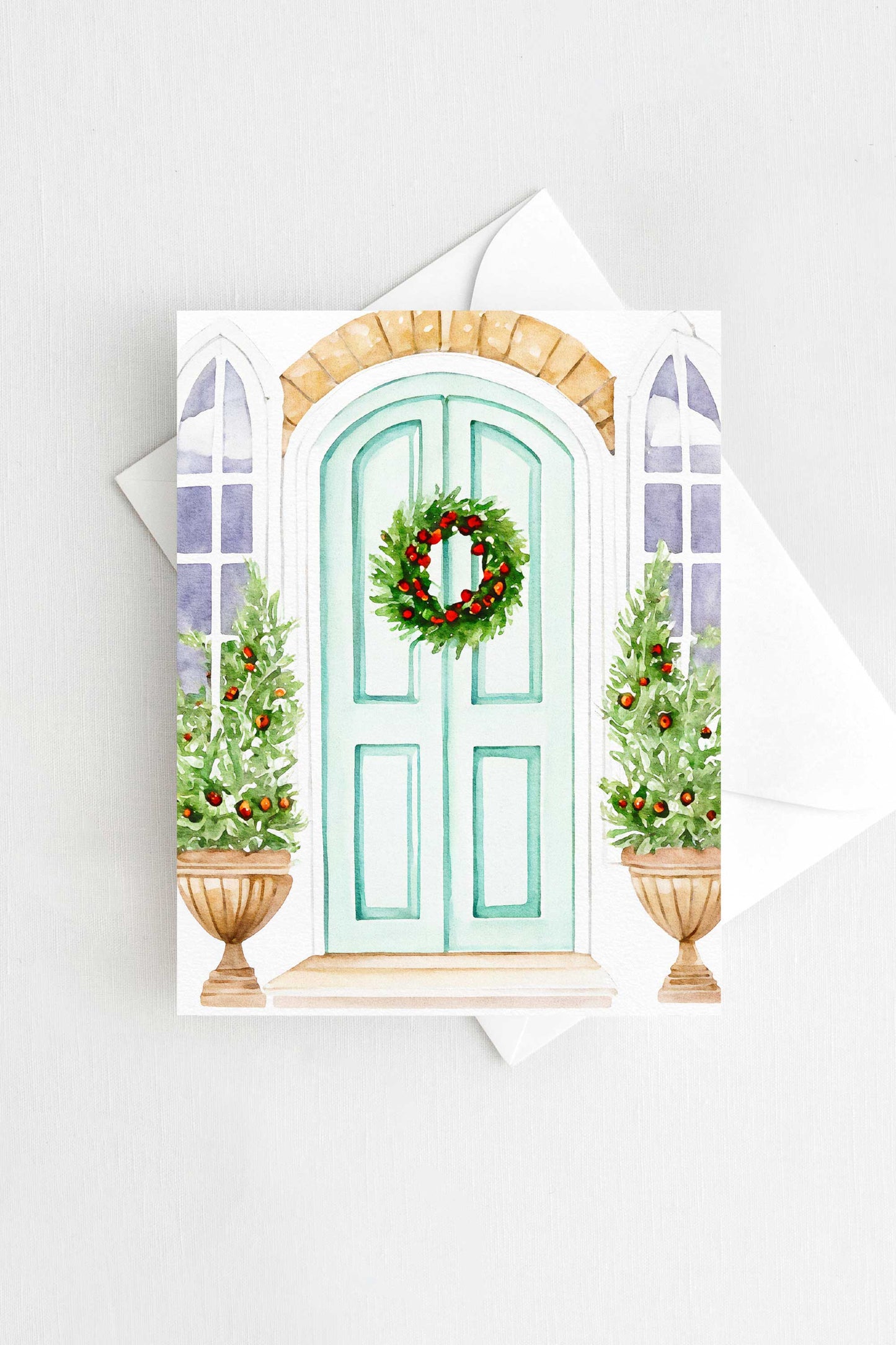 Festive Mint Door Christmas Card Watercolor Holiday H016 - Wholesale