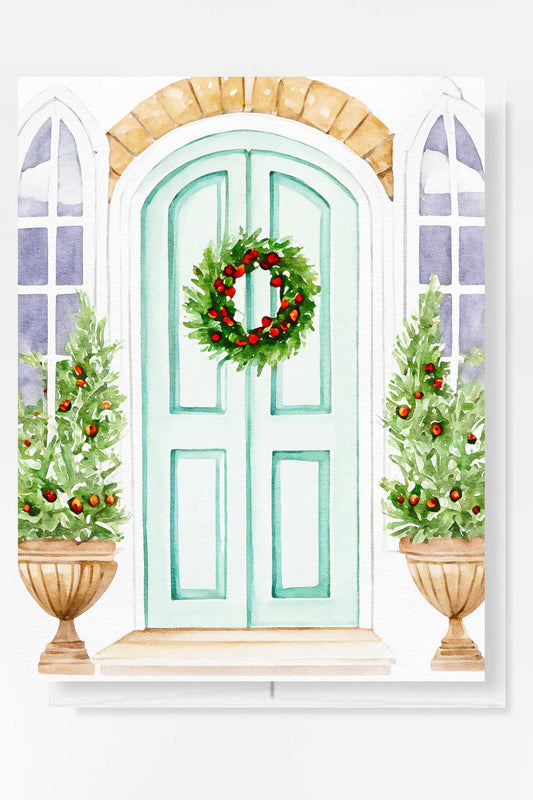 Festive Mint Door Christmas Card Watercolor Holiday H016 - Wholesale