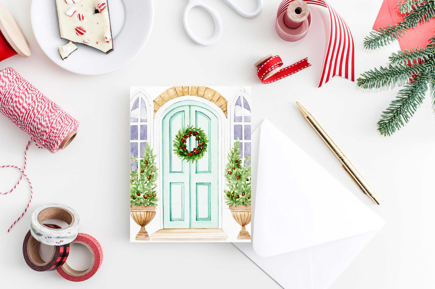 Festive Mint Door Christmas Card Watercolor Holiday H016 - Wholesale