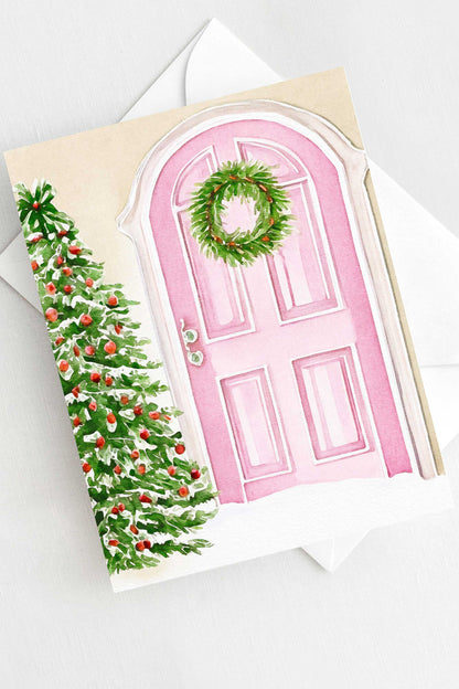 Pink Door Tree Christmas Card Watercolor Holiday H020 - Wholesale