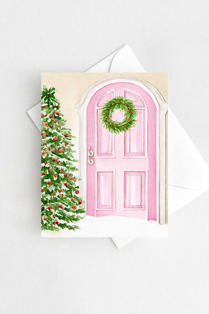 Pink Door Tree Christmas Card Watercolor Holiday H020 - Wholesale