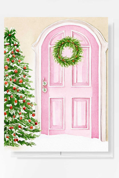 Pink Door Tree Christmas Card Watercolor Holiday H020 - Wholesale