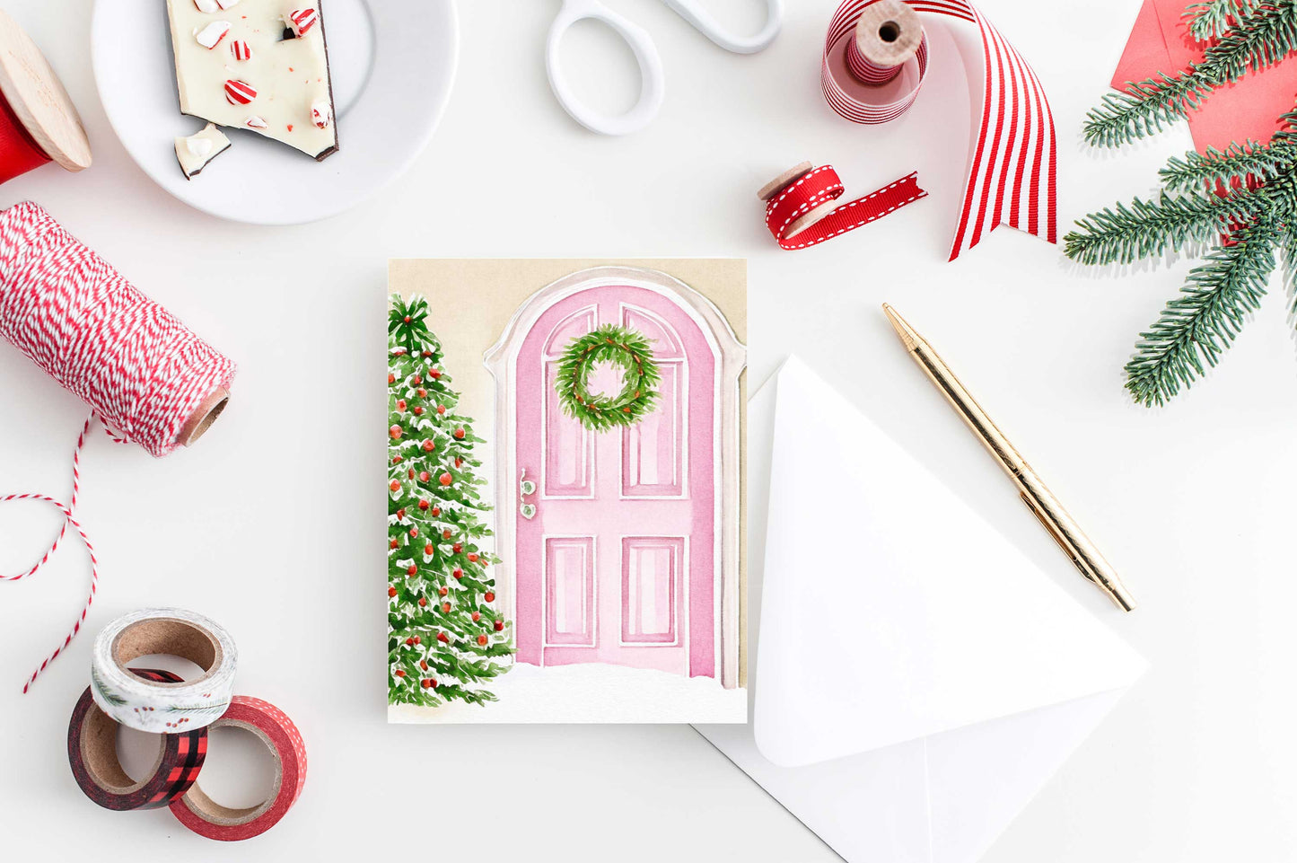 Pink Door Tree Christmas Card Watercolor Holiday H020 - Wholesale