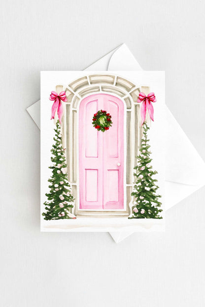 Festive Pink Door Christmas Card Holiday