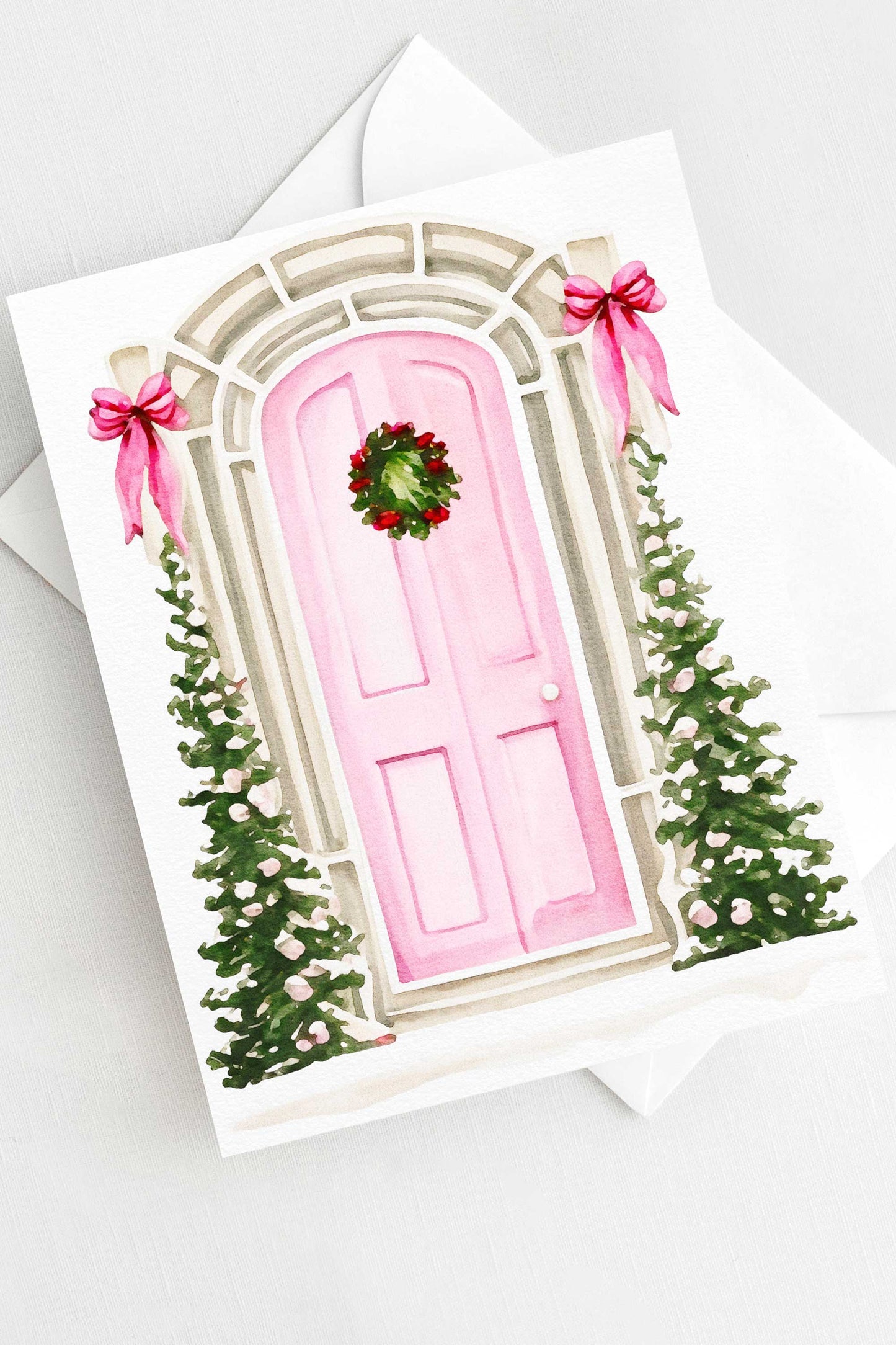 Festive Pink Door Christmas Card Holiday H021 - Wholesale