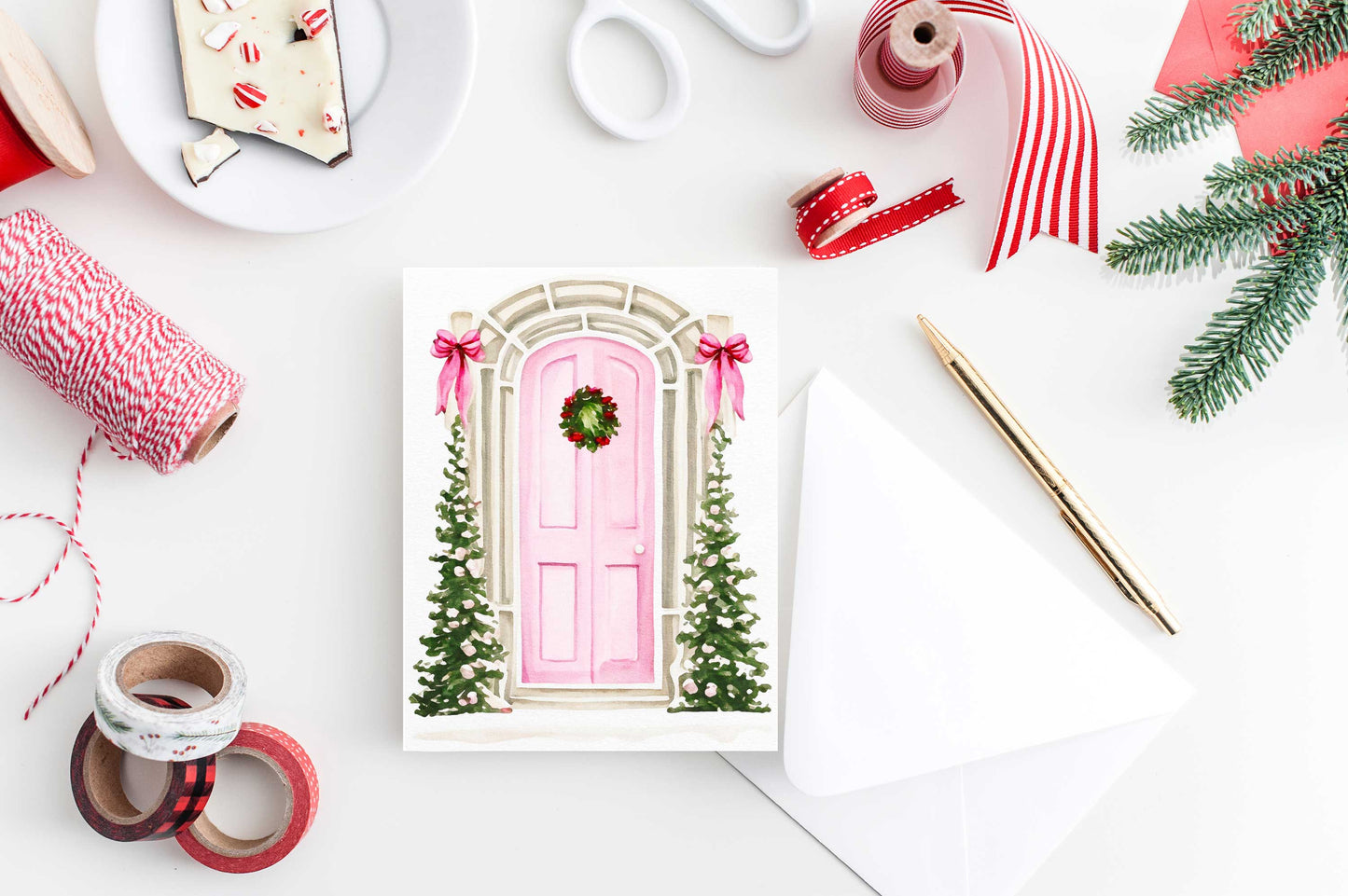 Festive Pink Door Christmas Card Holiday H021 - Wholesale