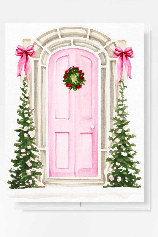 Festive Pink Door Christmas Card Holiday H021 - Wholesale