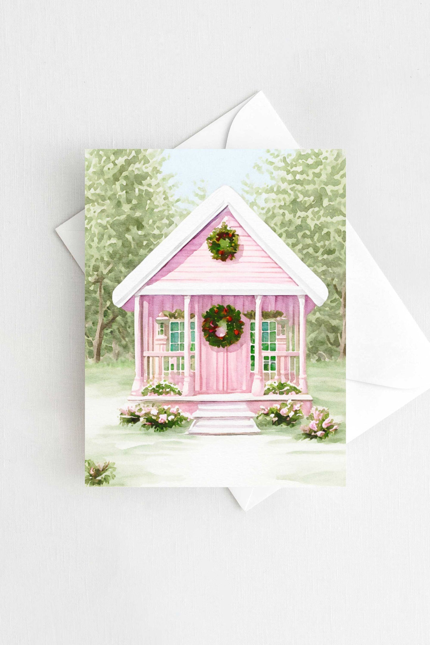 Festive Pink Tiny House Christmas Card Watercolor Holiday H029 - Wholesale