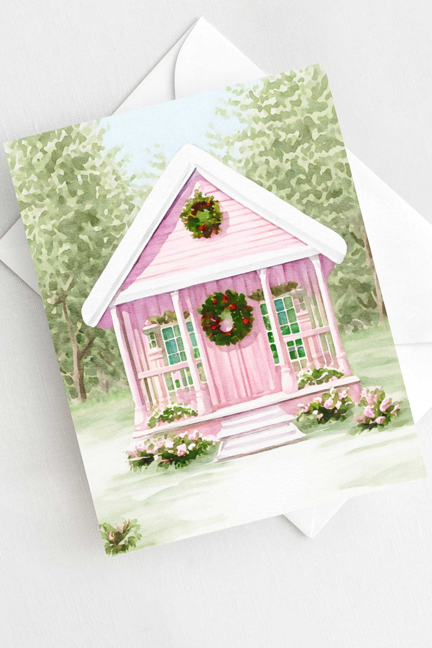 Festive Pink Tiny House Christmas Card Watercolor Holiday H029 - Wholesale