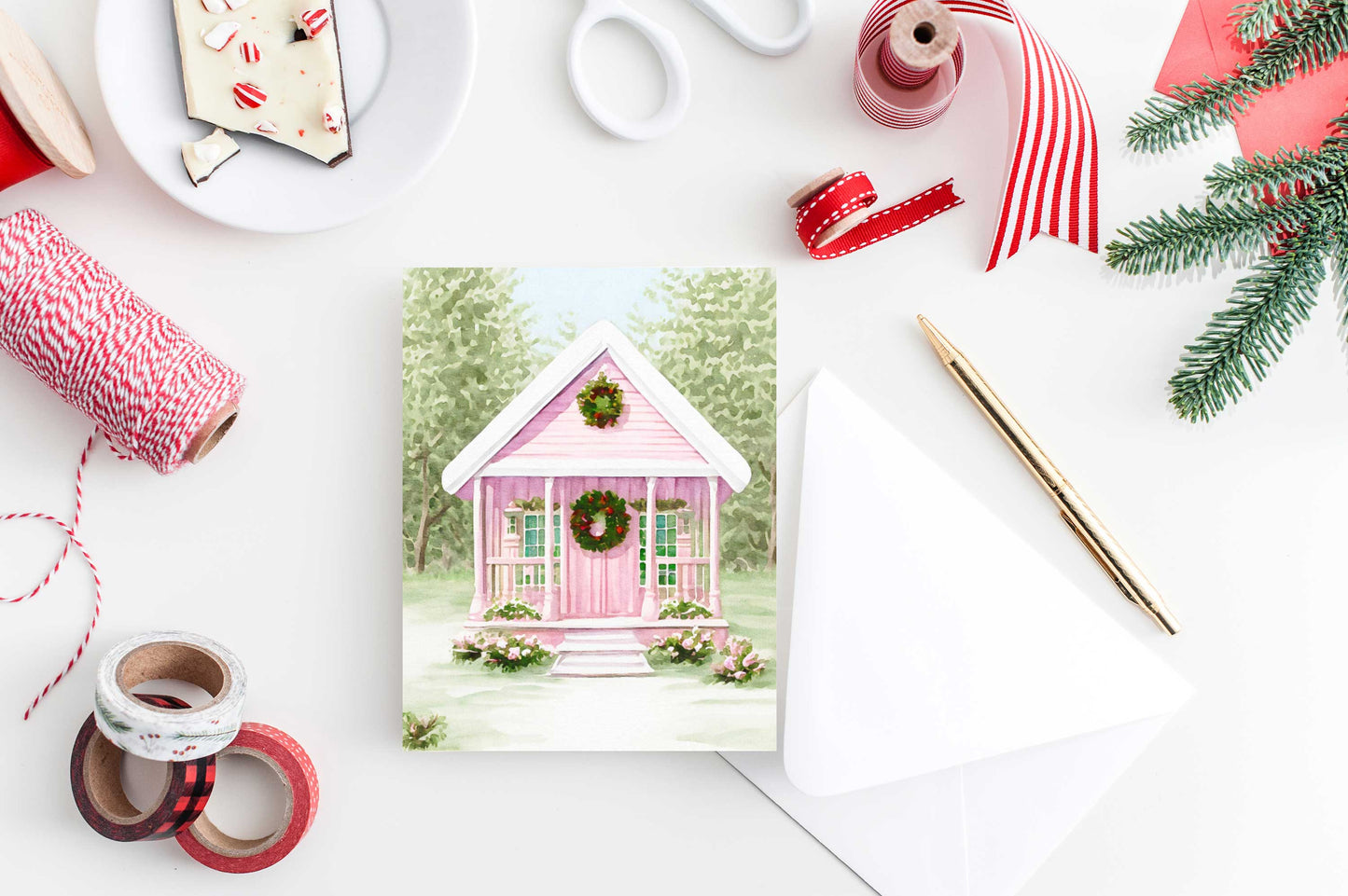 Festive Pink Tiny House Christmas Card Watercolor Holiday H029 - Wholesale