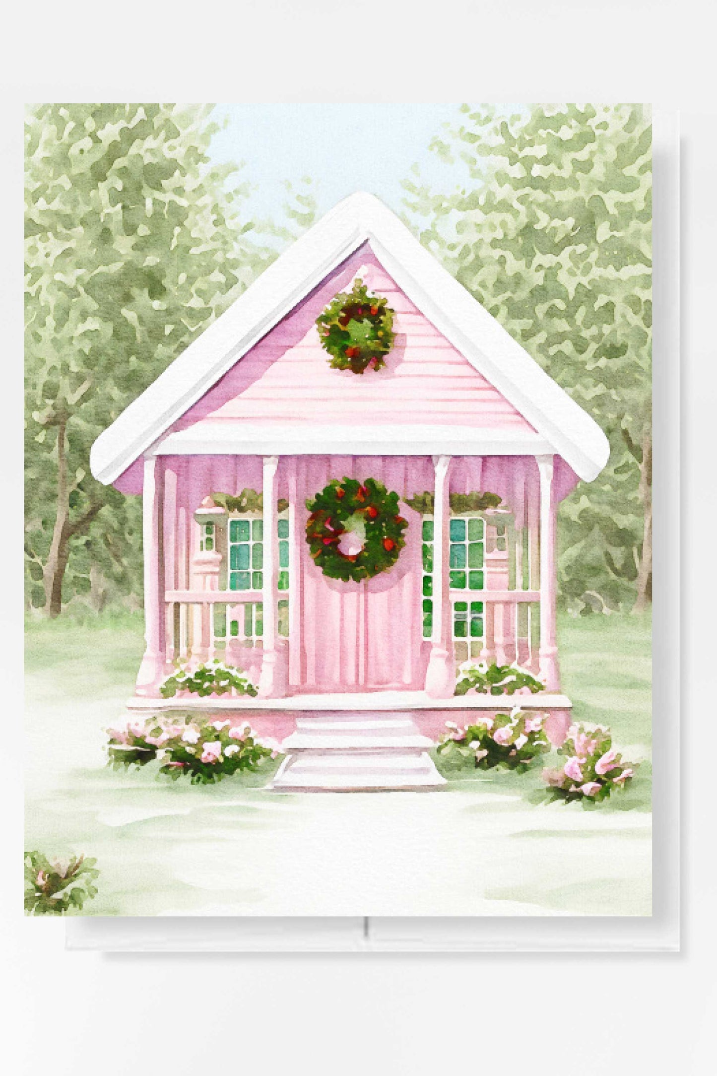 Festive Pink Tiny House Christmas Card Watercolor Holiday H029 - Wholesale