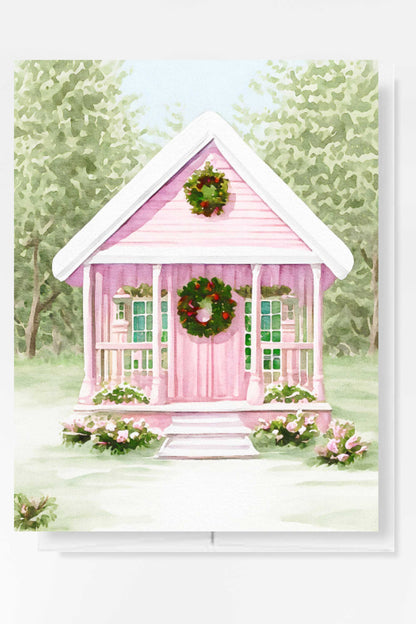 Festive Pink Tiny House Christmas Card Watercolor Holiday H029 - Wholesale