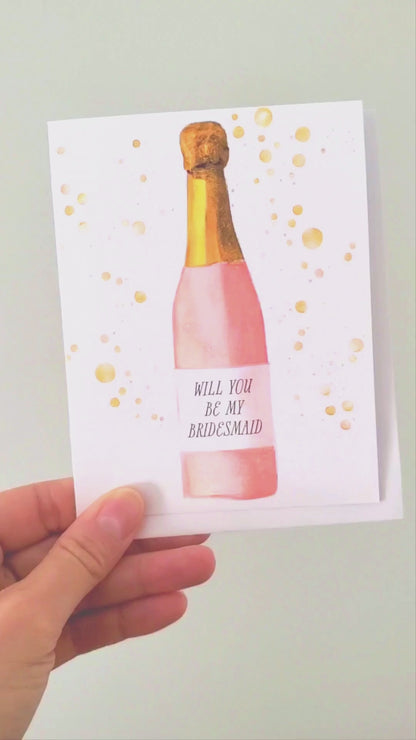 Will You Be My Bridesmaid Proposal Card Watercolor Pink Champagne Bottle