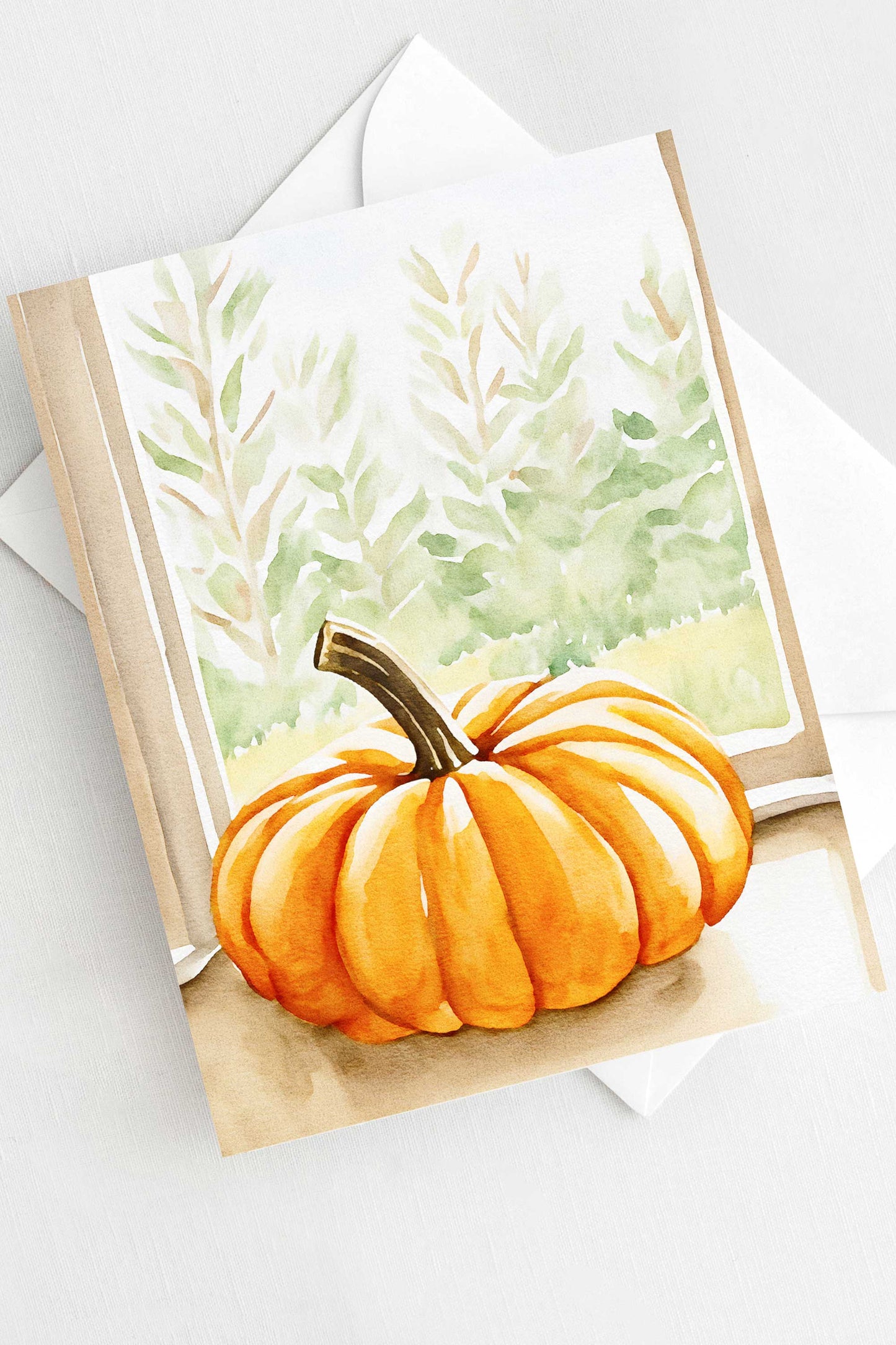 Pumpkin in the Window Halloween Card Autumn Fall Watercolor Holiday H042 - Wholesale