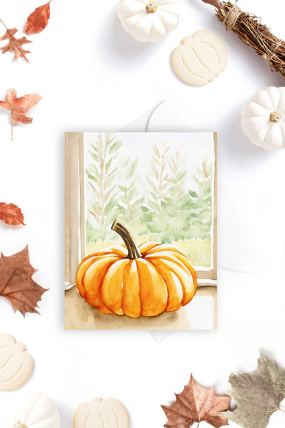 Pumpkin in the Window Halloween Card Autumn Fall Watercolor Holiday H042 - Wholesale