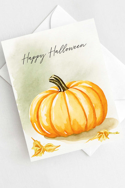 Pumpkin Happy Halloween Card Autumn Fall Watercolor Holiday H040 - Wholesale