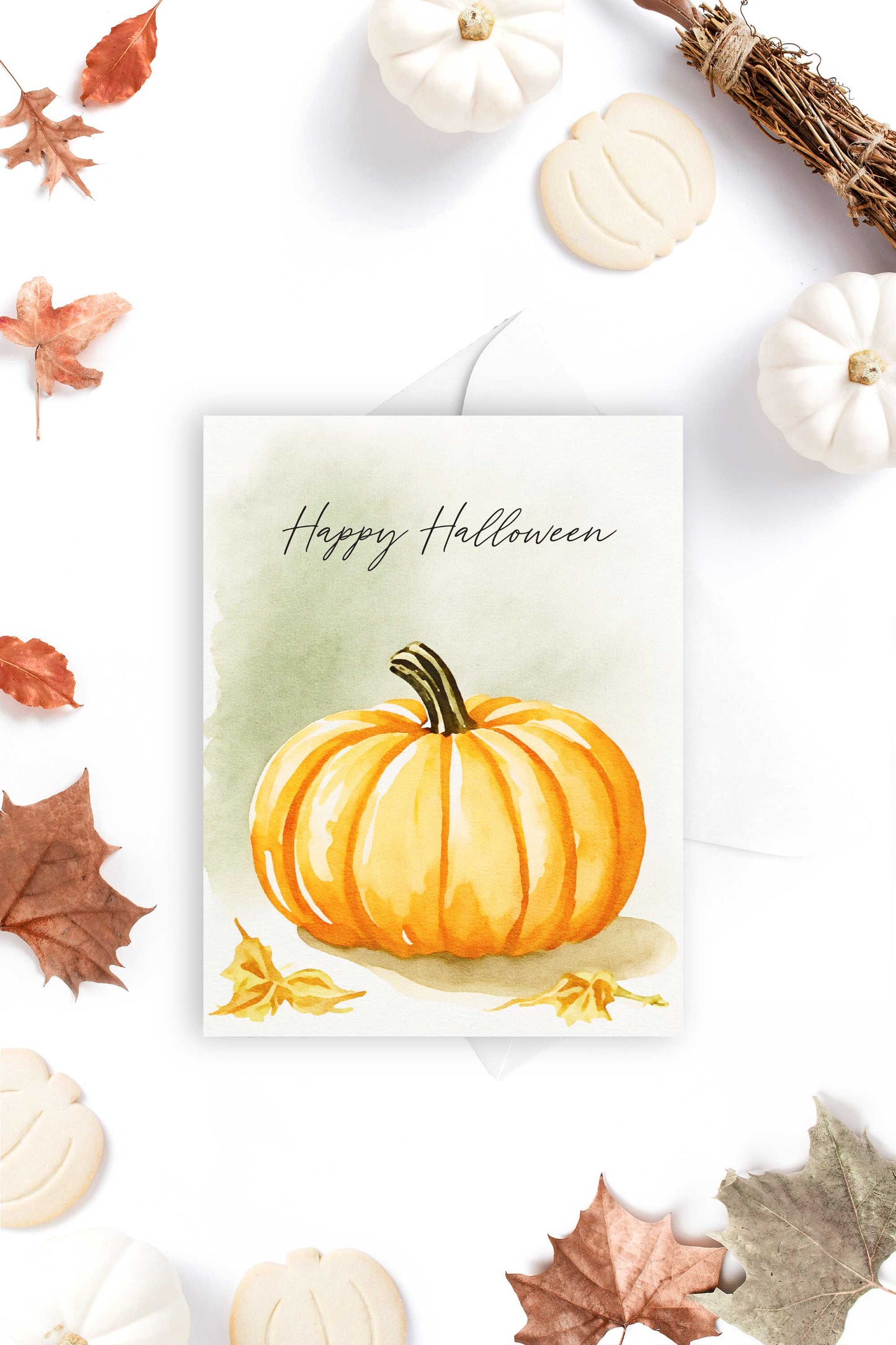 Pumpkin Happy Halloween Card Autumn Fall Watercolor Holiday H040 - Wholesale