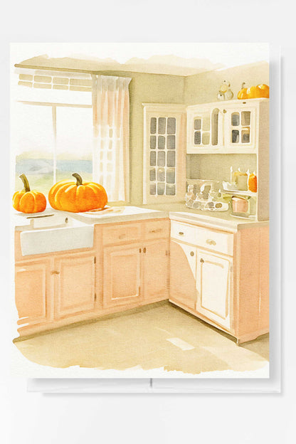 Pumpkin Kitchen Halloween Card Autumn Fall Watercolor Holiday H041 - Wholesale