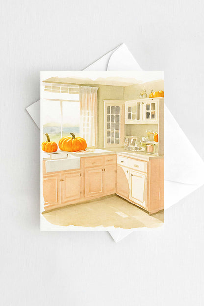 Pumpkin Kitchen Halloween Card Autumn Fall Watercolor Holiday H041 - Wholesale