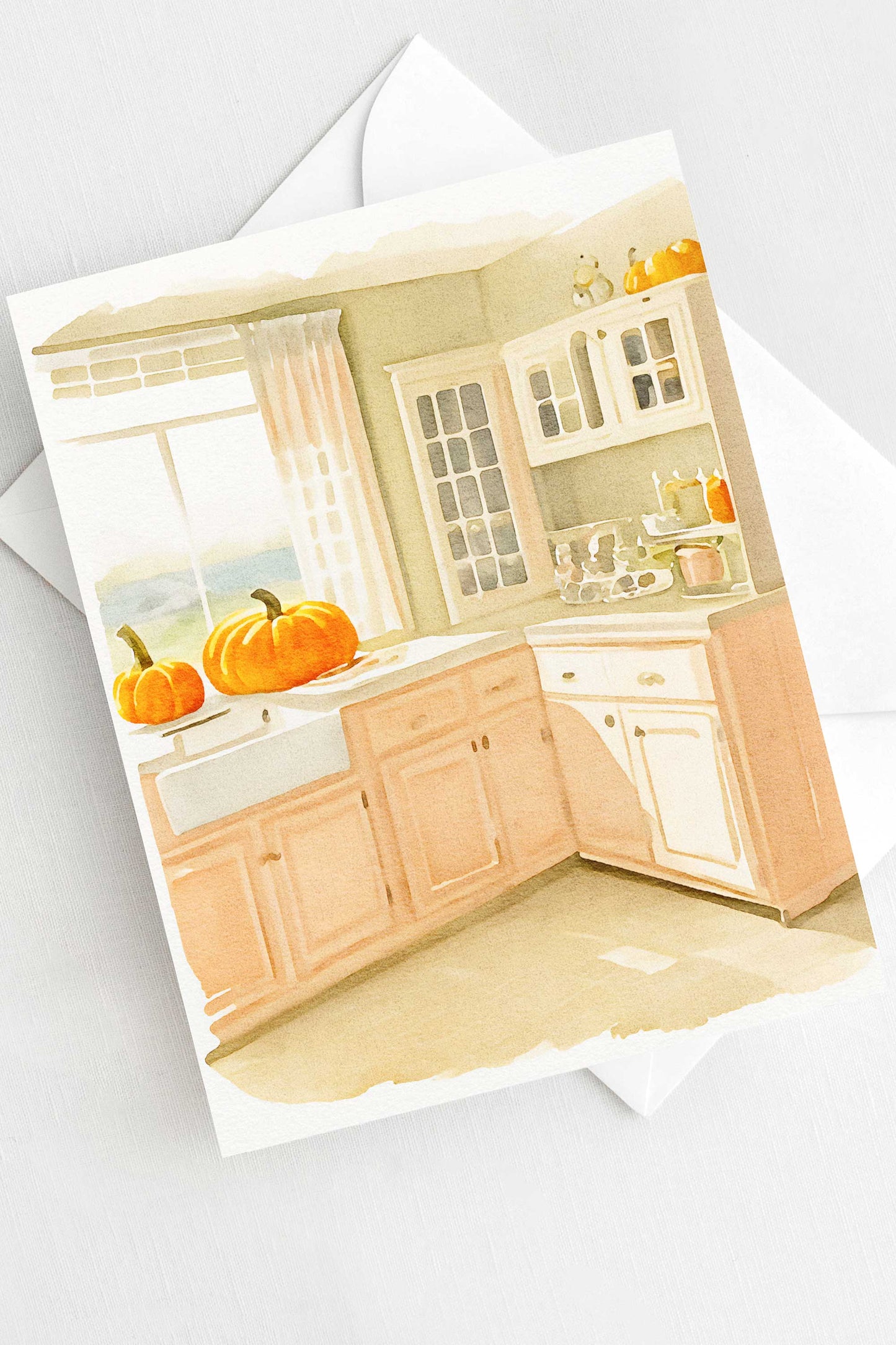 Pumpkin Kitchen Halloween Card Autumn Fall Watercolor Holiday H041 - Wholesale