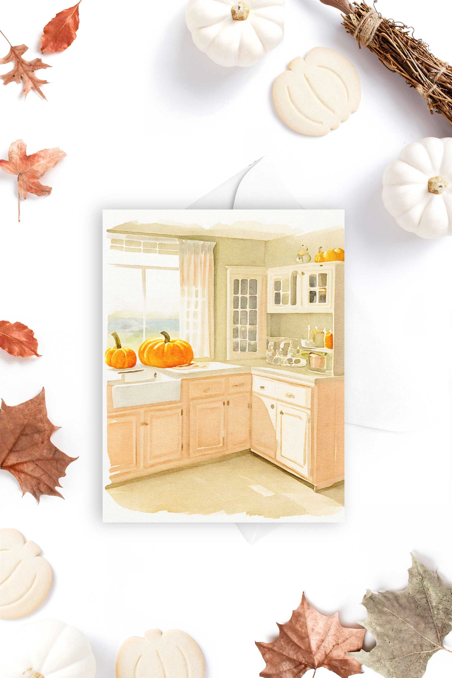 Pumpkin Kitchen Halloween Card Autumn Fall Watercolor Holiday H041 - Wholesale