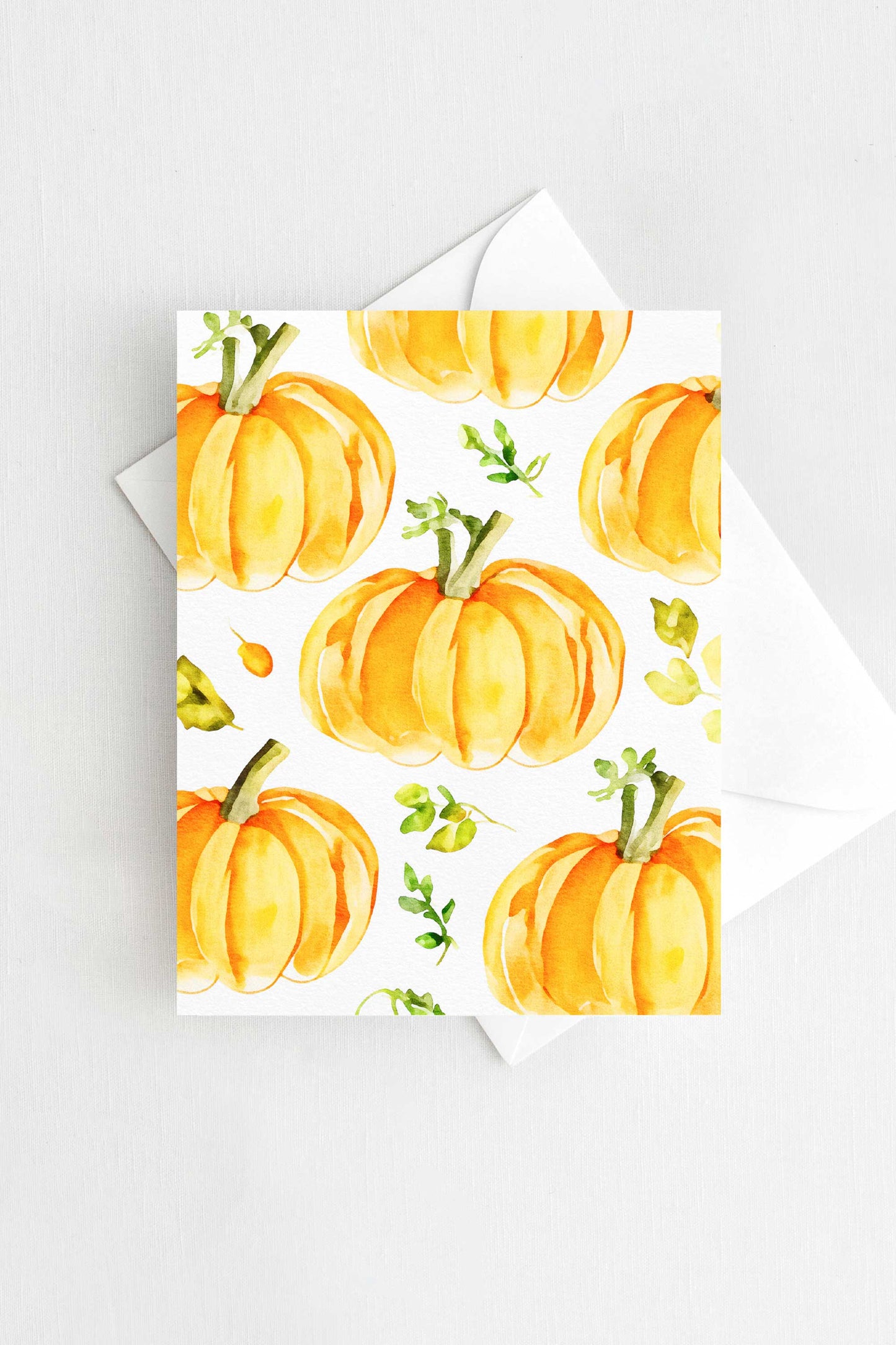 Pumpkins and Leaves Autumn Fall Halloween Card Watercolor Holiday H038 - Wholesale