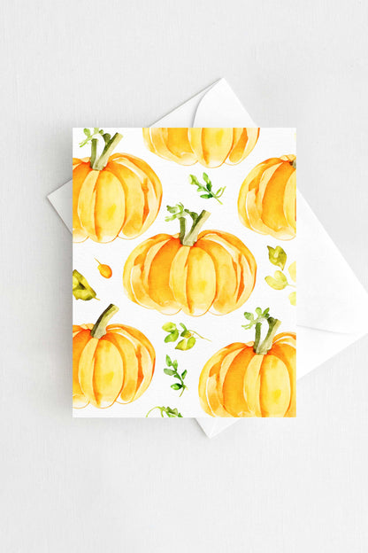 Pumpkins and Leaves Autumn Fall Halloween Card Watercolor Holiday H038 - Wholesale