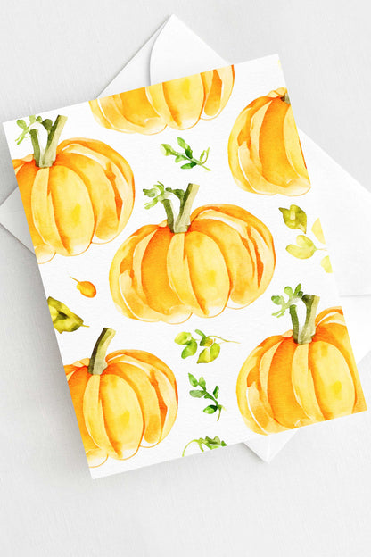 Pumpkins and Leaves Autumn Fall Halloween Card Watercolor Holiday H038 - Wholesale