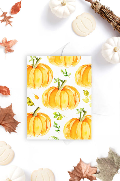 Pumpkins and Leaves Autumn Fall Halloween Card Watercolor Holiday H038 - Wholesale