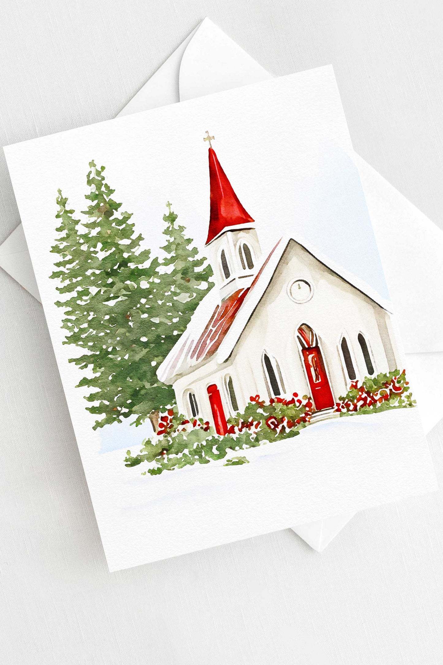 Red Church Christmas Card Watercolor Holiday H028 - Wholesale