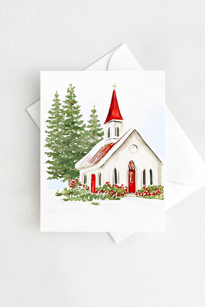 Red Church Christmas Card Watercolor Holiday H028 - Wholesale