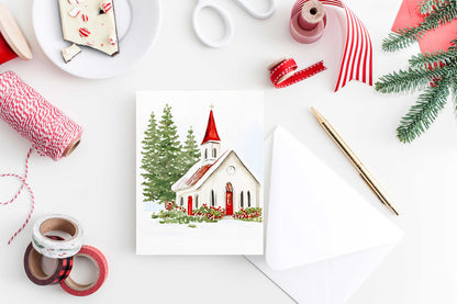 Red Church Christmas Card Watercolor Holiday H028 - Wholesale