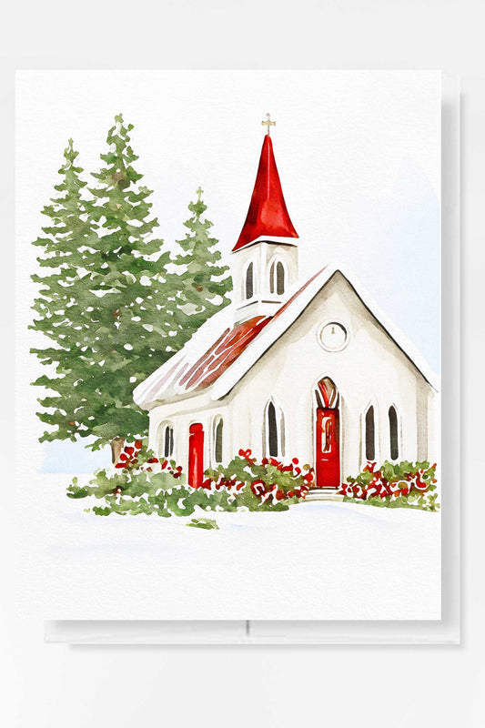 Red Church Christmas Card Watercolor Holiday H028 - Wholesale