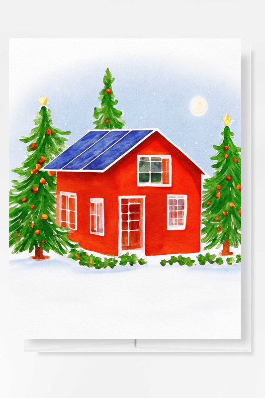 Solar Panel Red House Christmas Card Watercolor Holiday H035 - Wholesale