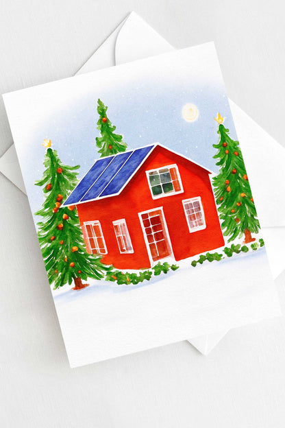 Solar Panel Red House Christmas Card Watercolor Holiday H035 - Wholesale