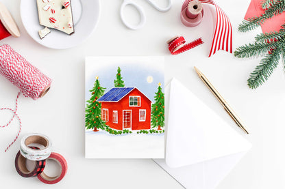 Solar Panel Red House Christmas Card Watercolor Holiday H035 - Wholesale