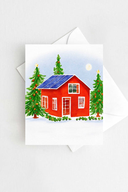 Solar Panel Red House Christmas Card Watercolor Holiday H035 - Wholesale