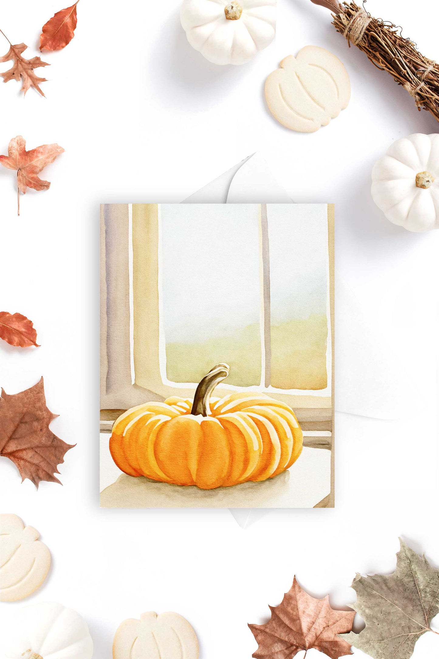 Sunny Pumpkin Autumn Fall Halloween Card Watercolor Holiday H039 - Wholesale