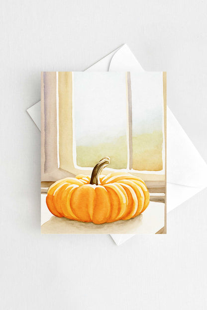 Sunny Pumpkin Autumn Fall Halloween Card Watercolor Holiday H039 - Wholesale